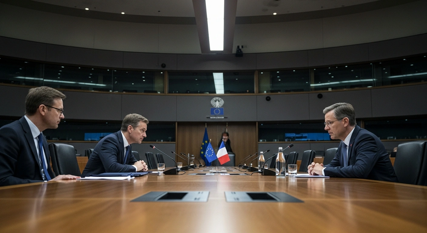 Two diplomats, representing Germany and France, are seated at a long table in a formal chamber, engaged in a tense discussion reflecting German criticism of French defense spending and highlighting disagreements between the two EU allies.