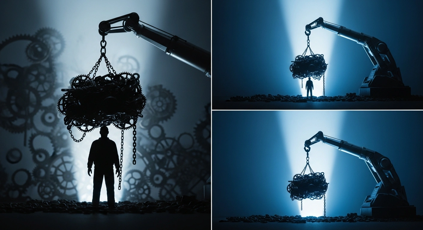 A lone figure, representing a user, is relieved of a heavy, tangled burden, symbolizing data protection responsibilities, by a sleek, metallic arm extending from a powerful industrial system, representing manufacturers and providers of IT products, under cool blue light, illustrating the German Federal Government's proposed GDPR reforms to reduce administrative burdens and enhance legal clarity.