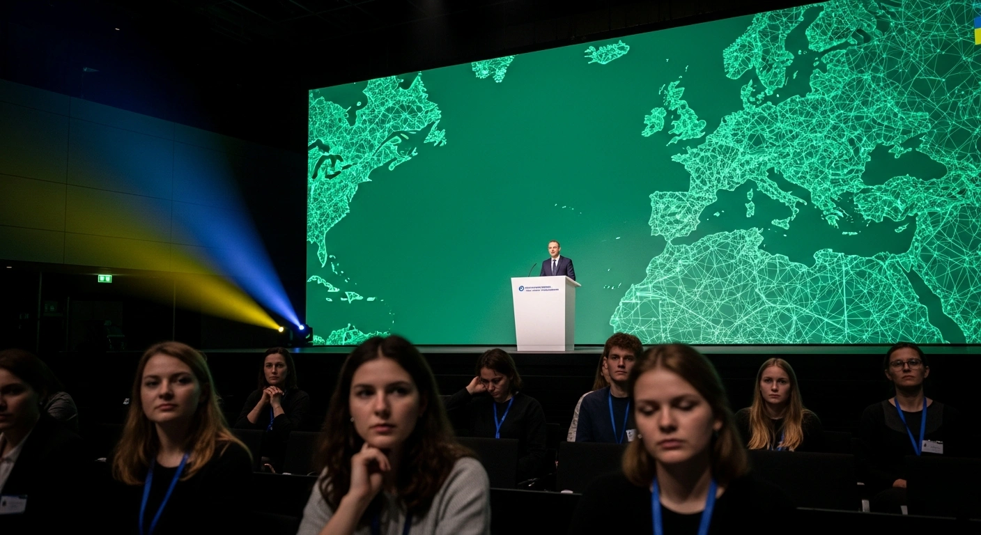 A wide, low-angle shot of a speaker at a podium in a modern congress hall, silhouetted against a large green backdrop with abstract map elements, while a diverse group of young attendees in the foreground appear contemplative, with subtle blue and yellow lighting on one side, representing the German Green Party's policy decisions on military registration, Palestinian self-determination, and support for Ukraine.