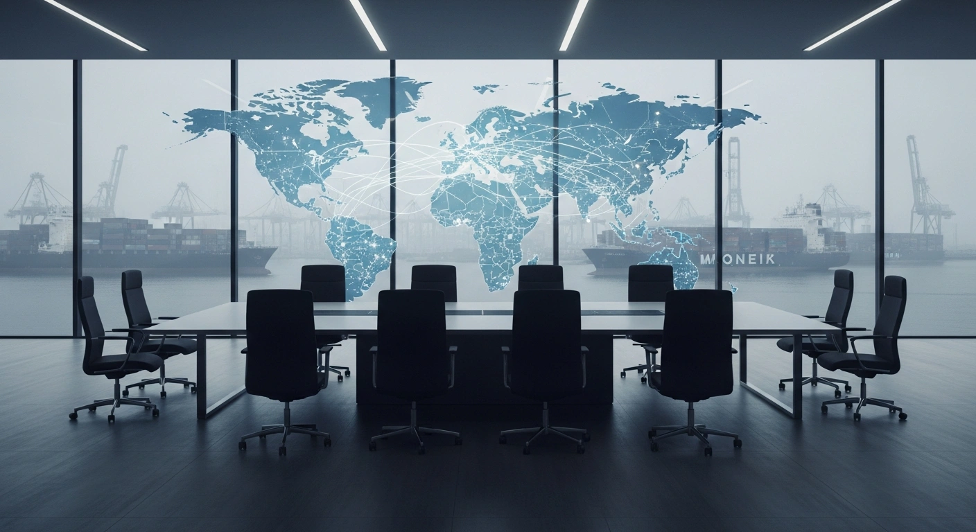 A modern German boardroom overlooks a busy industrial harbor, symbolizing the complex economic reliance of German corporations on trade with the United States and China.