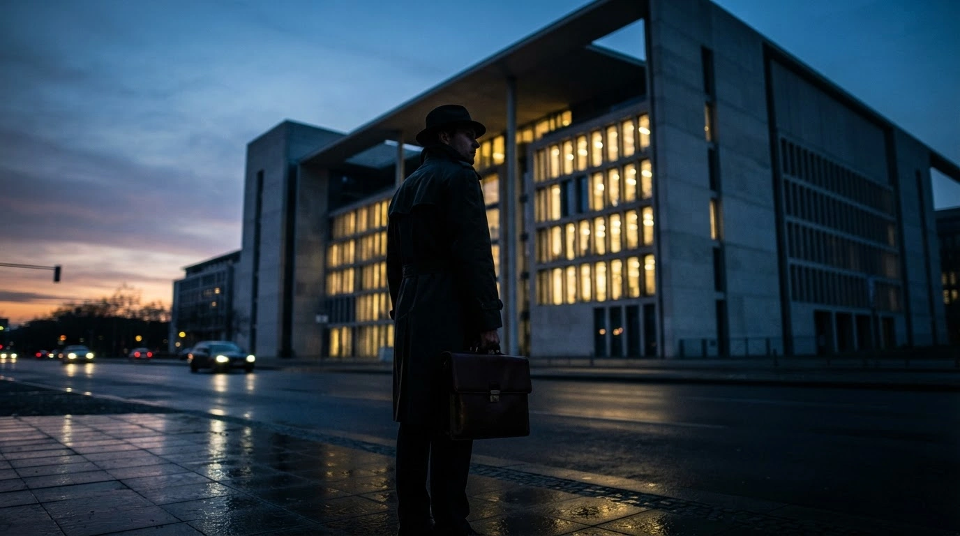 A shadowy figure stands outside a government building in Germany as federal security agencies investigate an alleged intelligence network.