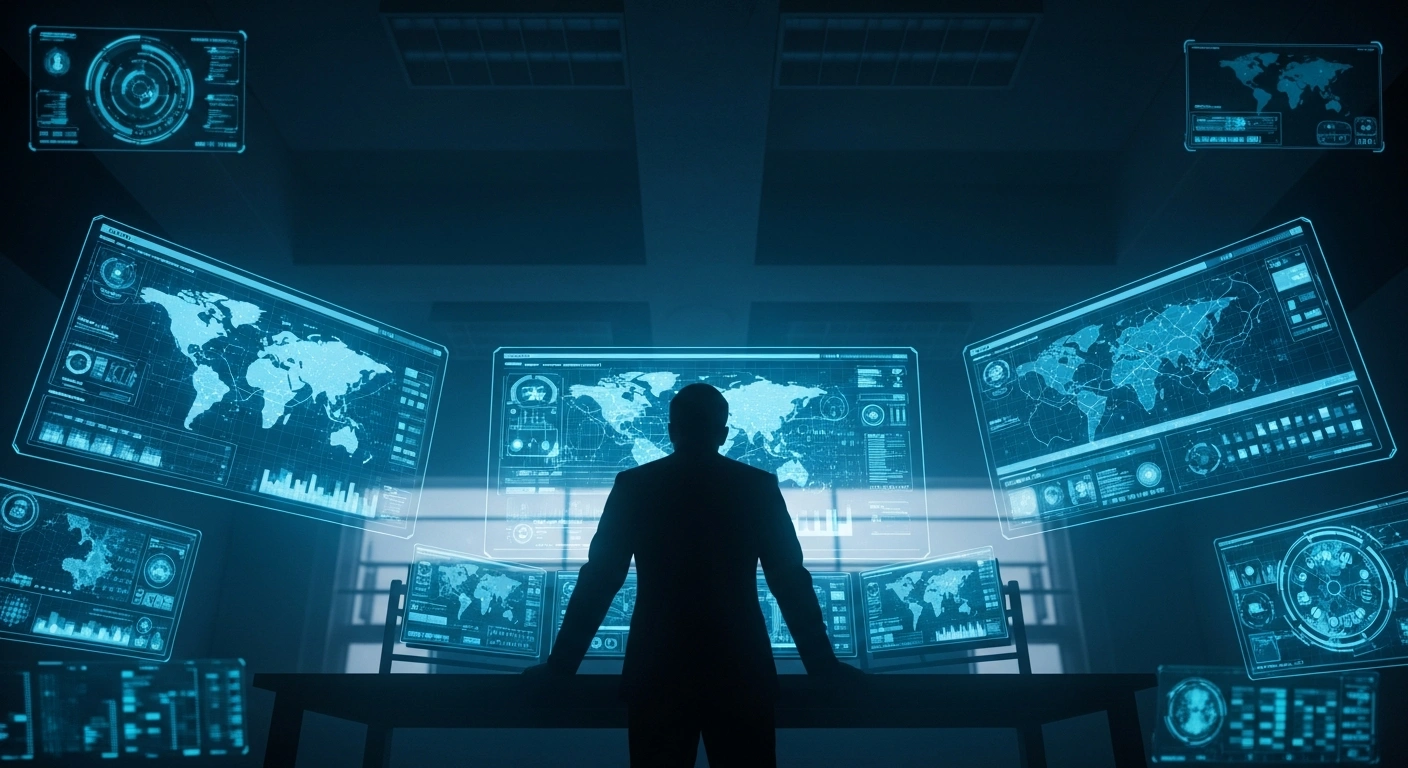 A dimly lit, high-tech operations room with holographic screens displaying complex data, featuring a silhouetted figure representing Germany's Federal Intelligence Service (BND) strategizing against Russian hybrid threats and potential cyberattacks.