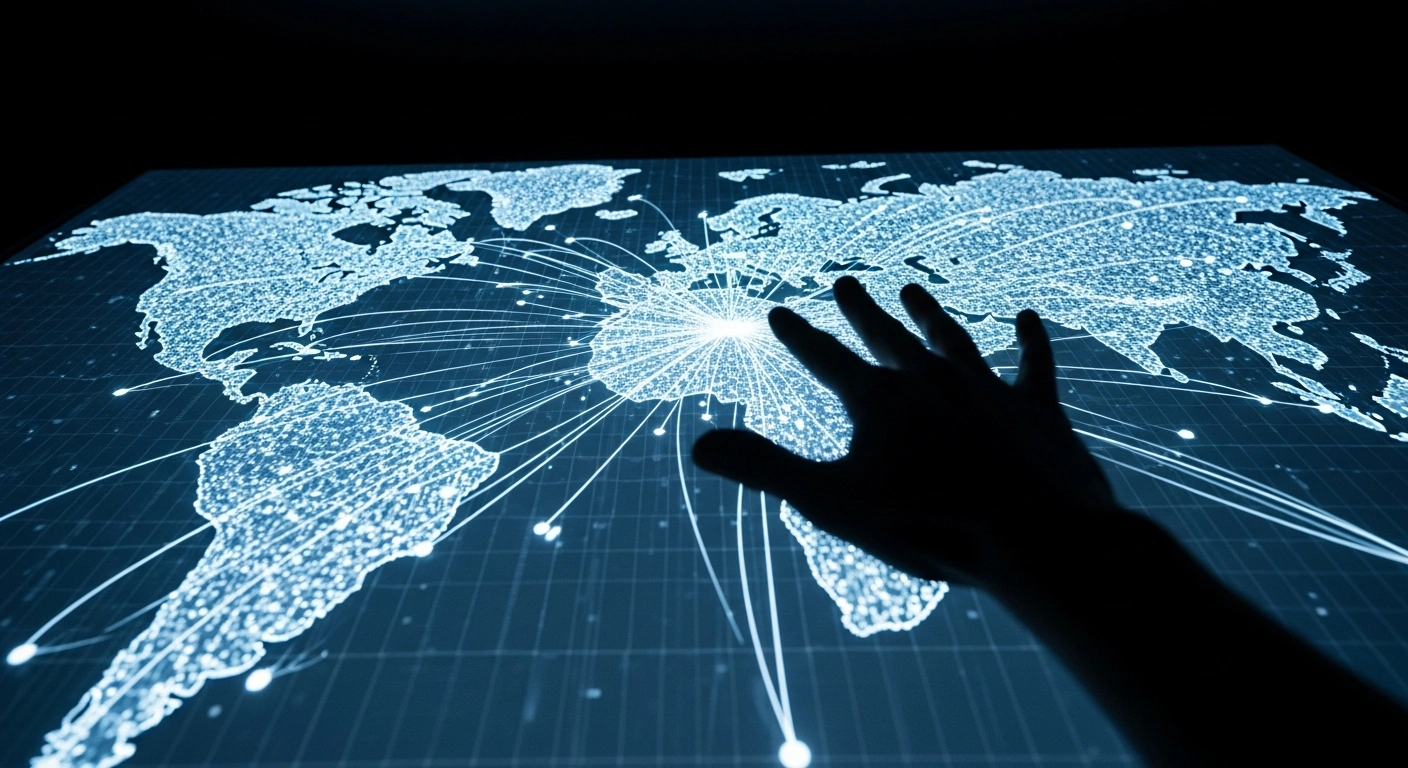 A powerful, silhouetted hand, representing the German government, casts a long shadow over a translucent digital display showing intricate global trade flows converging on Iran, symbolizing Germany's comprehensive review of trade volumes and goods types to increase pressure on Tehran amidst concerns over its nuclear program, human rights record, and regional destabilization.