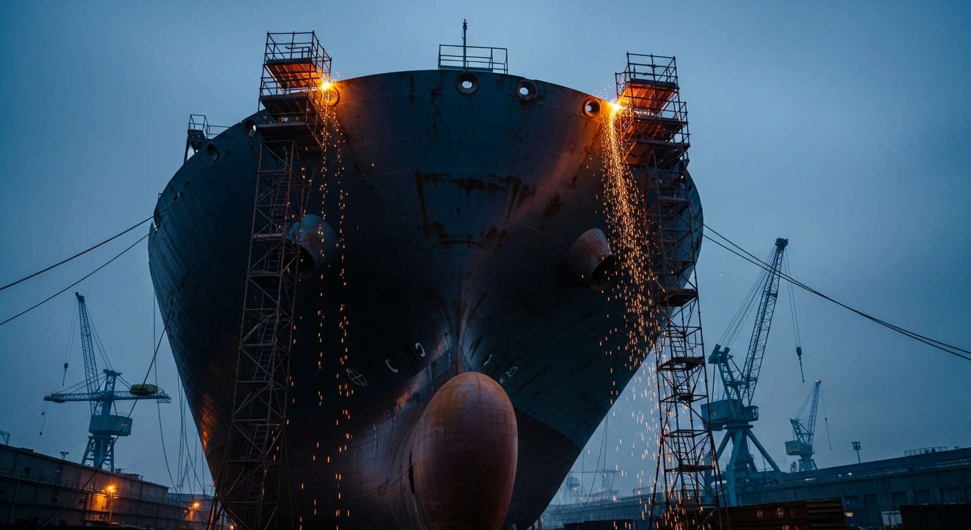A massive container ship under construction in a German shipyard represents the maritime sector's need for a national action plan to address technological transformation and global competition.