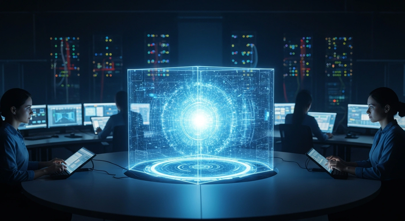 A wide, cinematic view of a modern media operations center features a central, translucent holographic display projecting intricate data streams, surrounded by human figures interacting with digital interfaces, symbolizing a German news publisher's strategic shift to integrate artificial intelligence across its operations.
