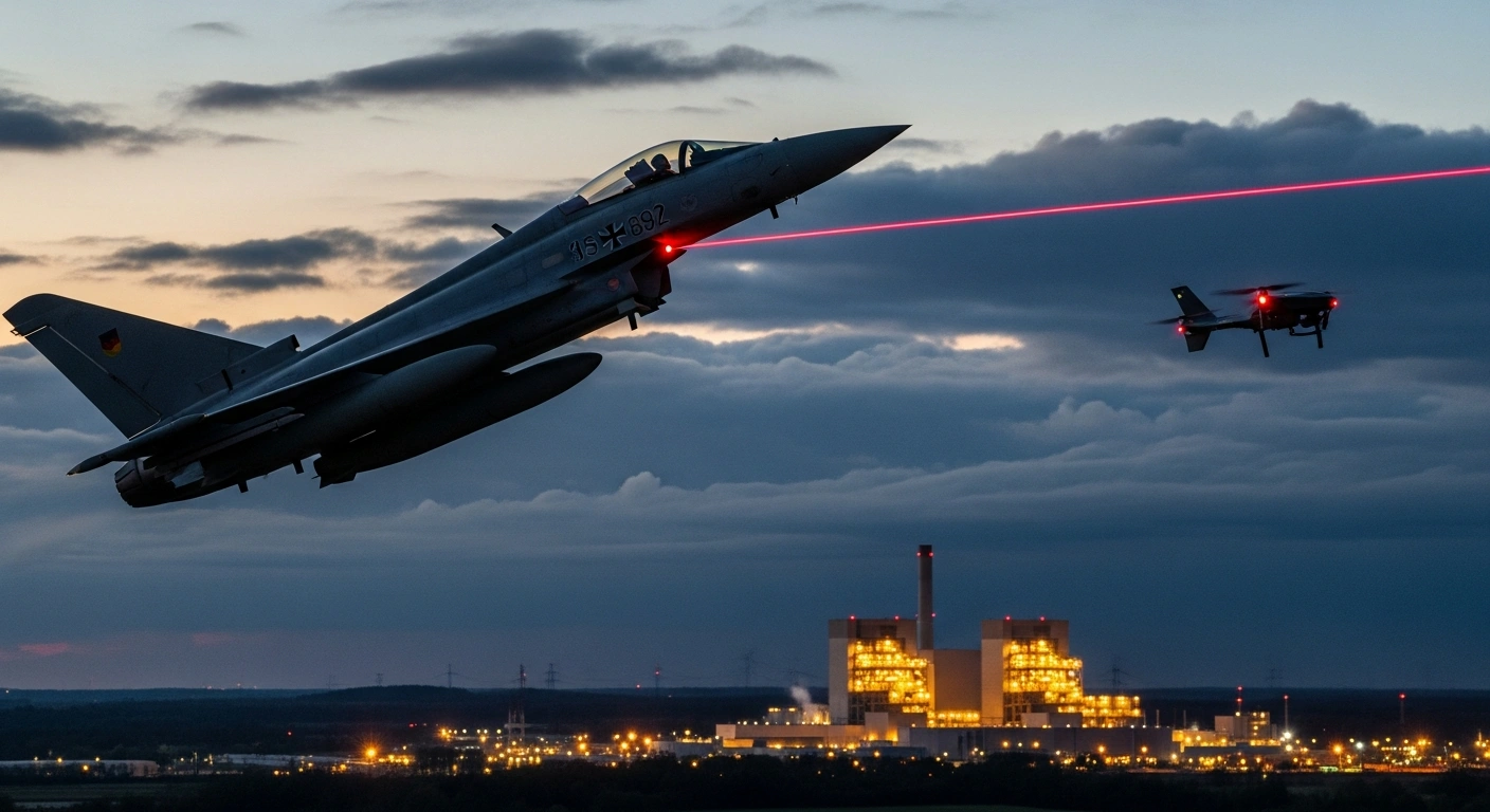 A German military jet, possibly a Eurofighter, is depicted locking onto an unauthorized commercial drone flying over a critical industrial facility at dusk, illustrating the Bundeswehr's new legislative authority to intercept drones in domestic airspace for national security.