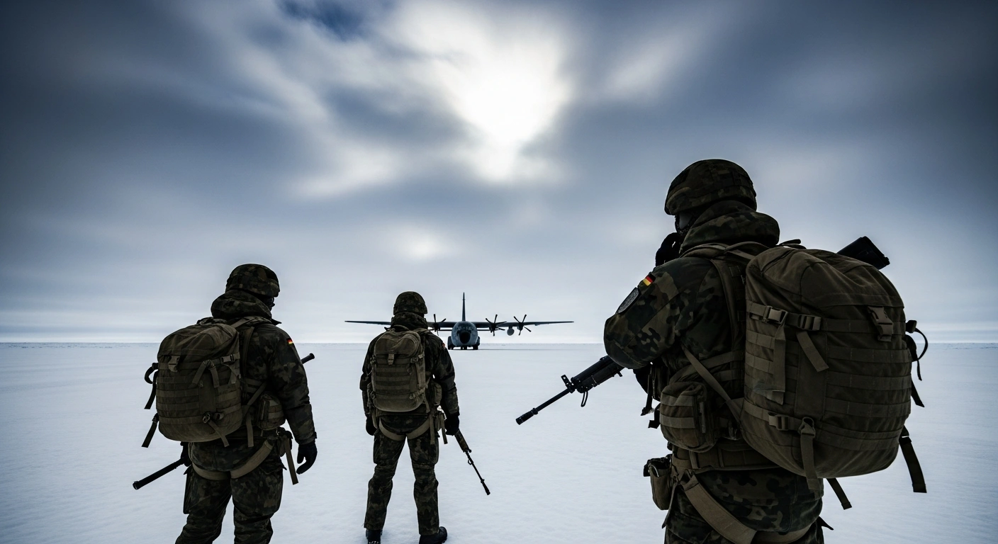 A small German military reconnaissance team, dressed in cold-weather gear, stands on a vast, desolate Greenlandic ice sheet under a brooding, overcast sky, with a transport aircraft in the background, depicting their abrupt withdrawal from an assessment mission.