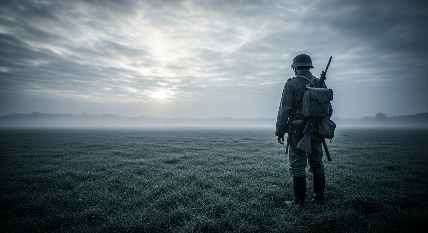 A lone German soldier stands in a misty field, reflecting the public debate over national security and military readiness in Germany.