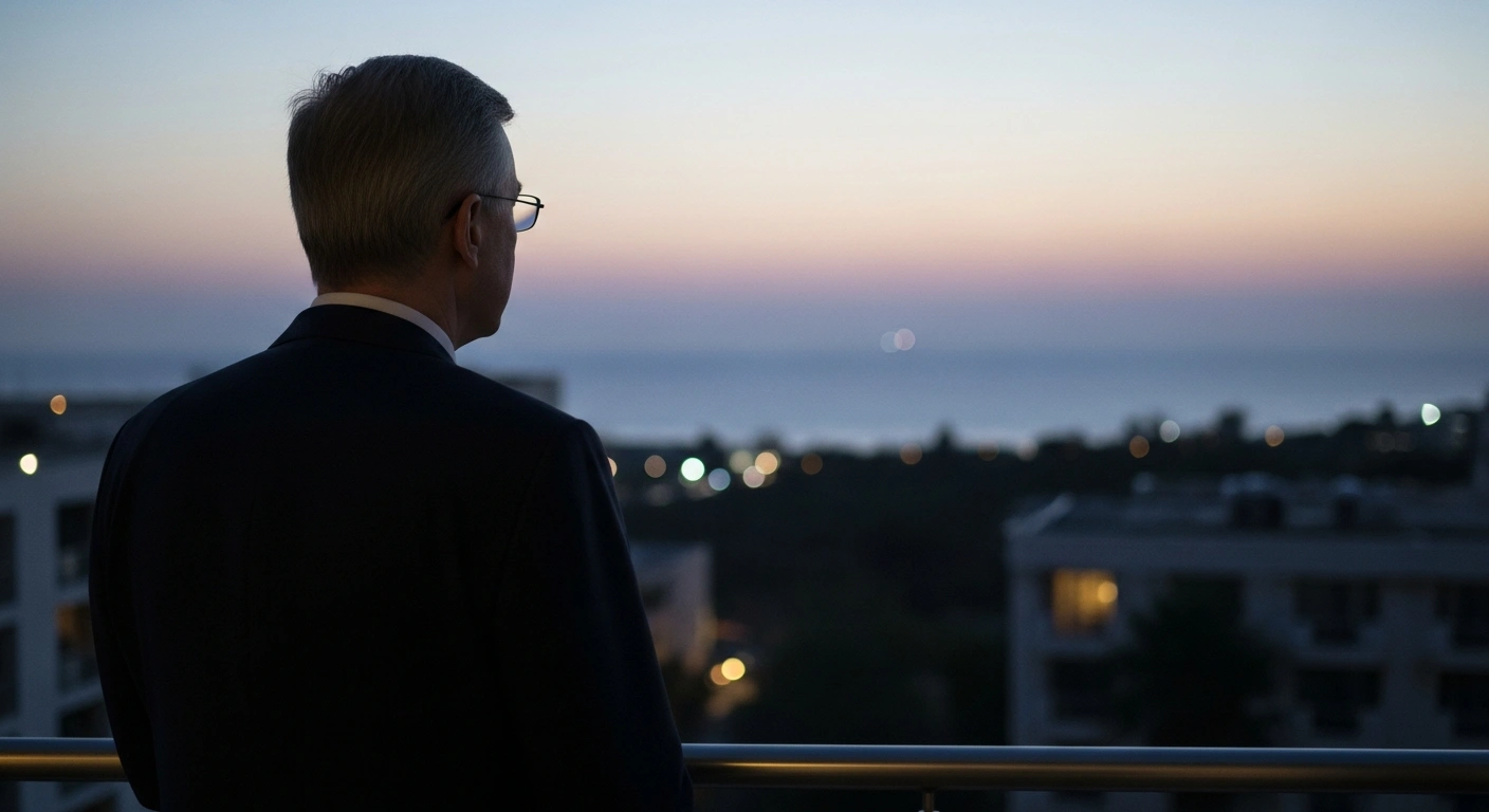 Germany's Europe affairs minister, Gunther Krichbaum, stands alone on a hotel balcony in Nicosia, Cyprus, at dusk, looking out at the Mediterranean horizon, reflecting the regional security concerns following Iranian drone strikes and the cancellation of an EU meeting.