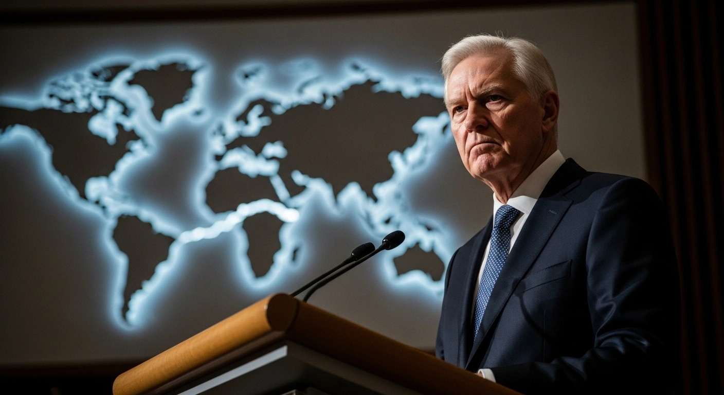 A photorealistic image depicts a stern-faced German Foreign Minister Johann Wadephul at a podium in a dimly lit conference hall, reflecting his strong criticism of Israel's Gaza offensive and his call for a two-state process ahead of the UN General Assembly.