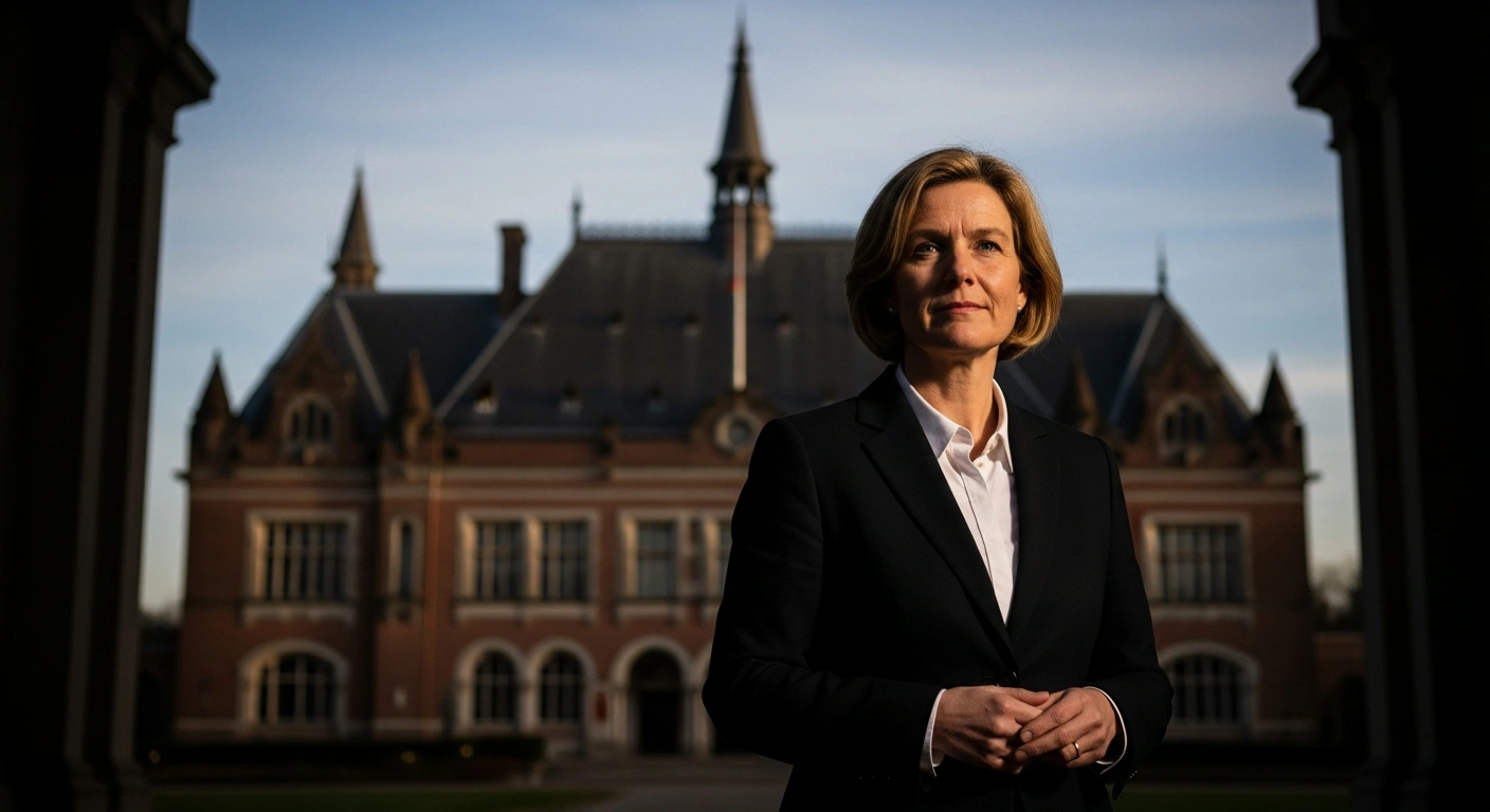German Justice Minister Stefanie Hubig stands resolutely before the Peace Palace in The Hague, symbolizing Germany's unwavering support for international law and judicial institutions like the ICC and ICJ.