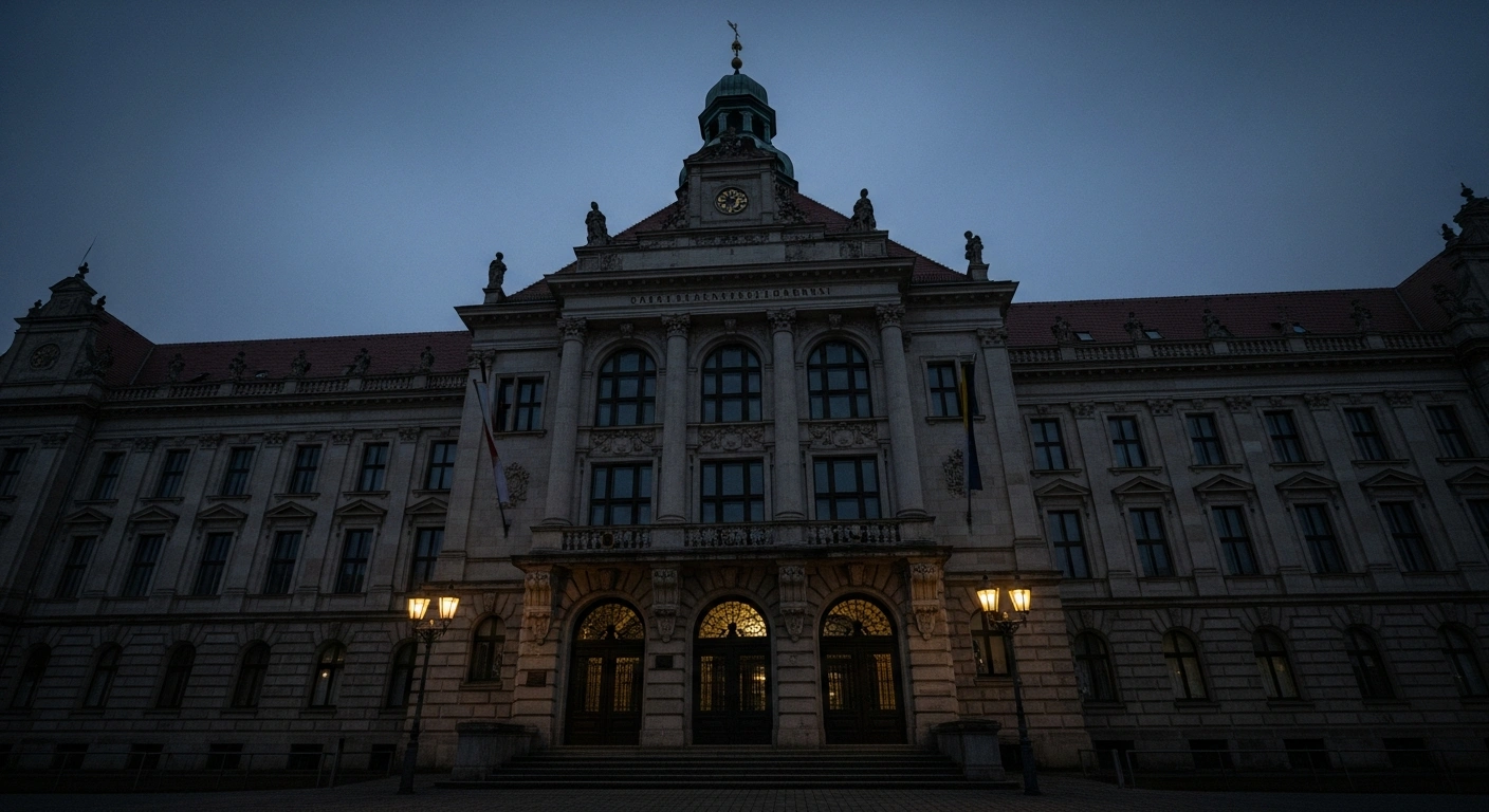 A dimly lit, historic German municipal building at dusk, seen from a low angle, symbolizes the severe budget constraints and projected €35 billion deficit impacting German municipalities and forcing cuts to cultural funding, as highlighted by Mayor Burkhard Jung.