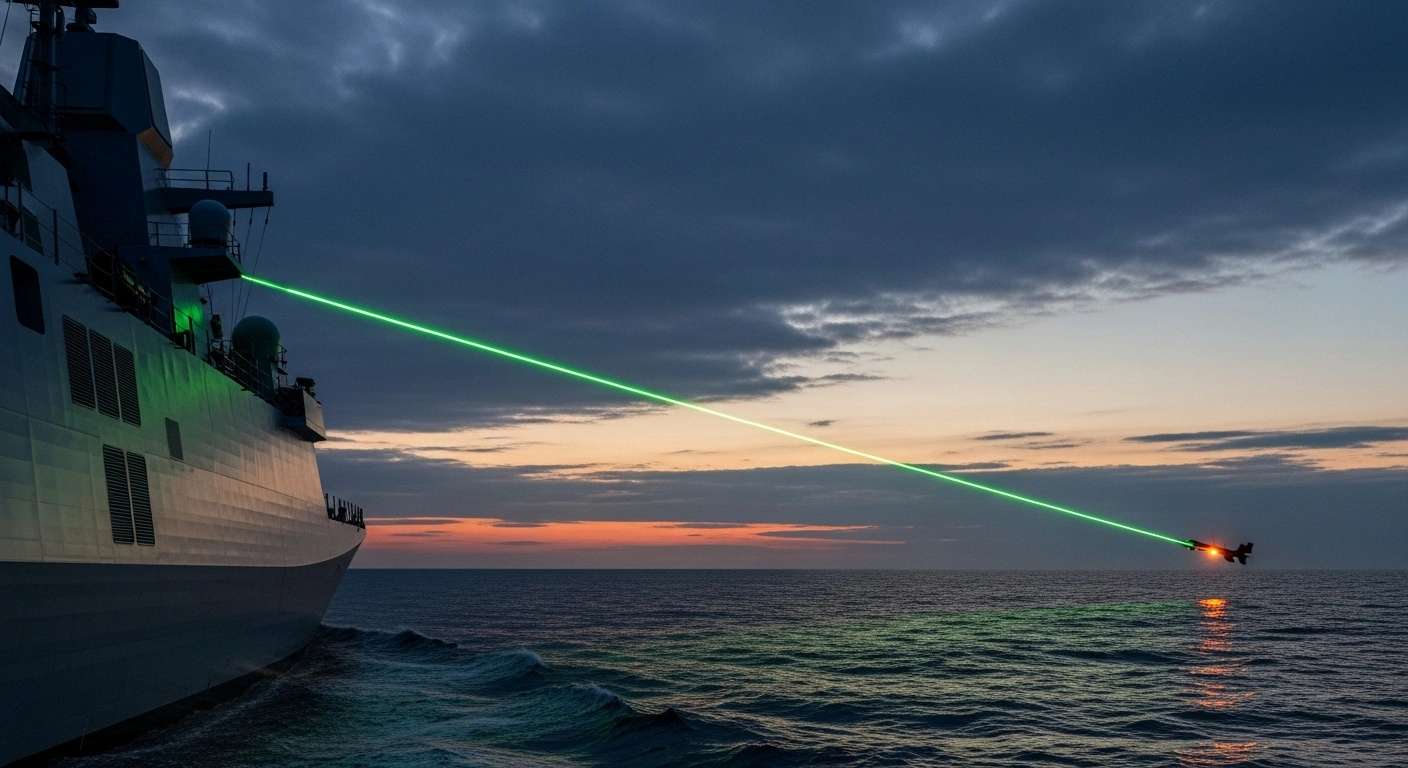A high-energy laser beam, fired from a naval vessel, precisely targets and illuminates a drone in the twilight sky, showcasing the advanced German naval laser weapon system developed by Rheinmetall and MBDA Germany.