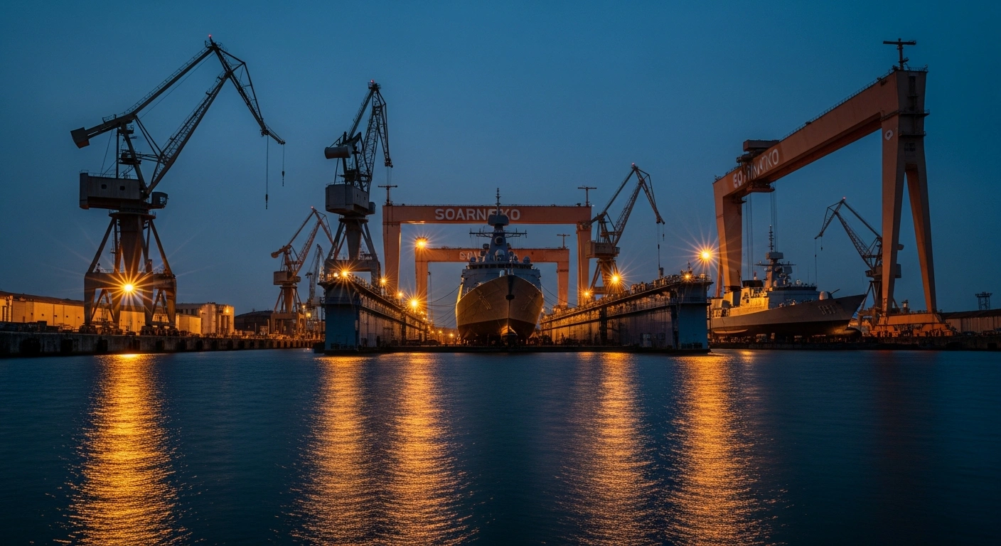 A view of a large German naval shipyard at dusk, highlighting the industrial consolidation of naval shipbuilding facilities.