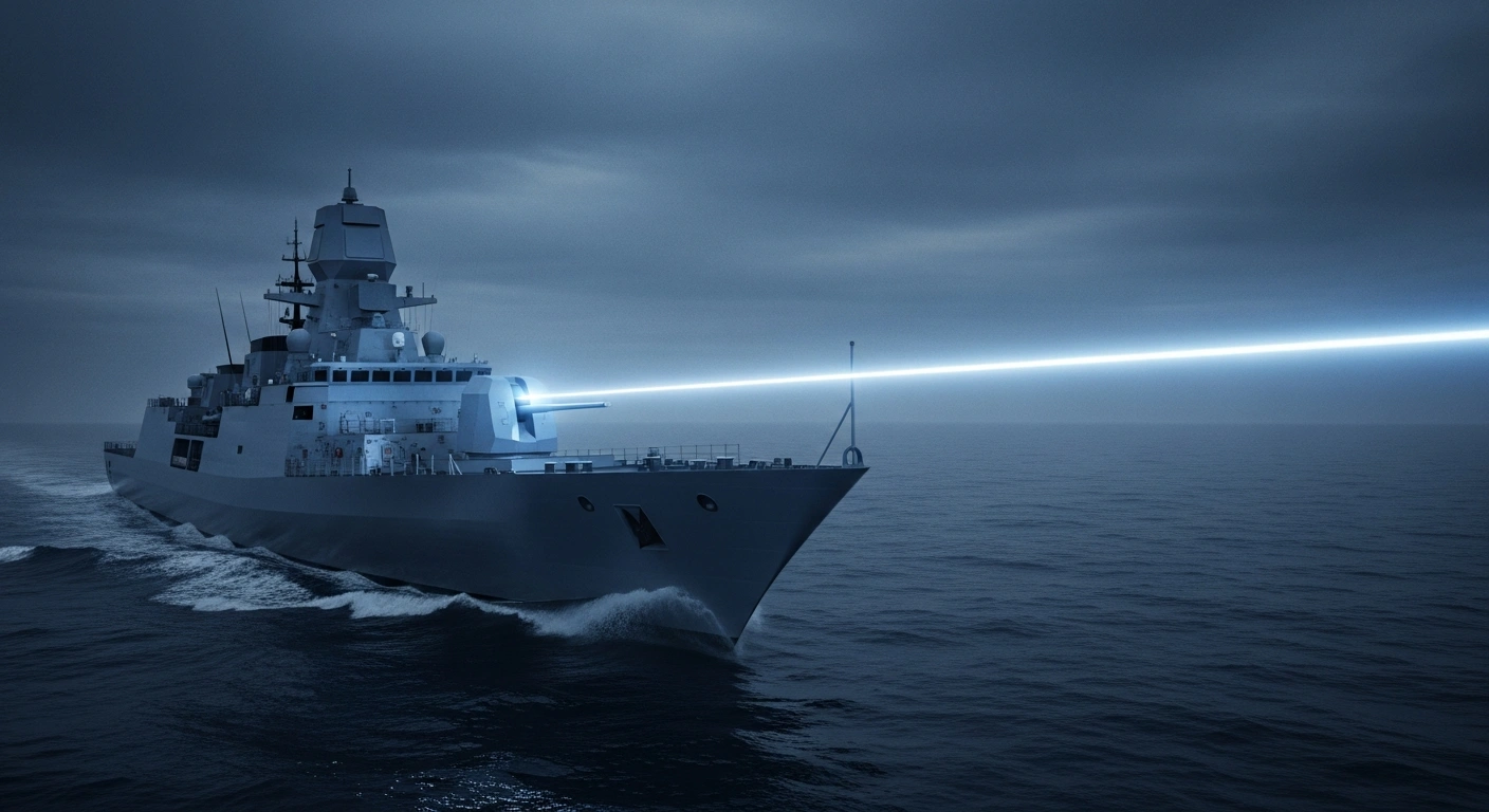 A German naval frigate fires a high-energy laser weapon system across the ocean to demonstrate advanced maritime defense technology.