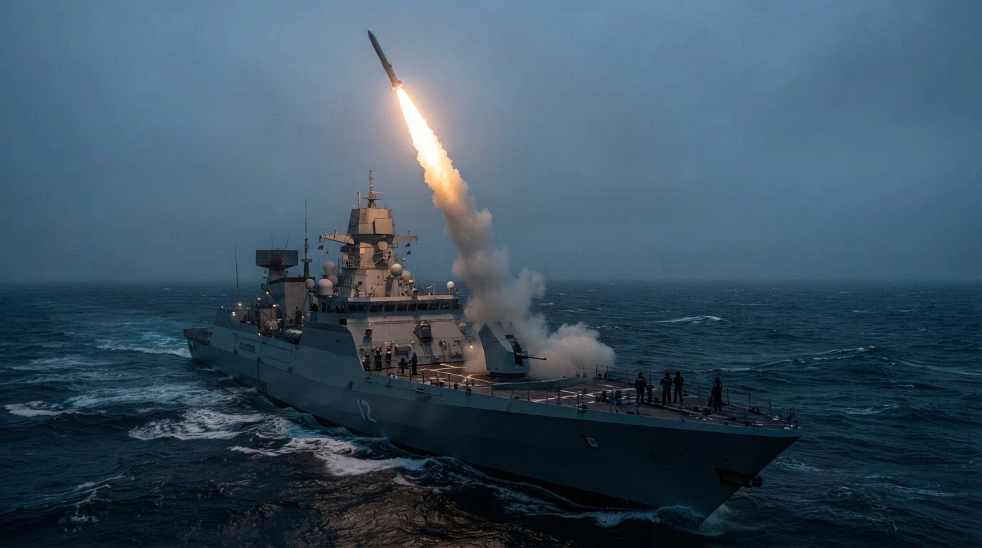 A German Navy frigate test-fires an Israeli-manufactured LORA ballistic missile across the North Atlantic Ocean.