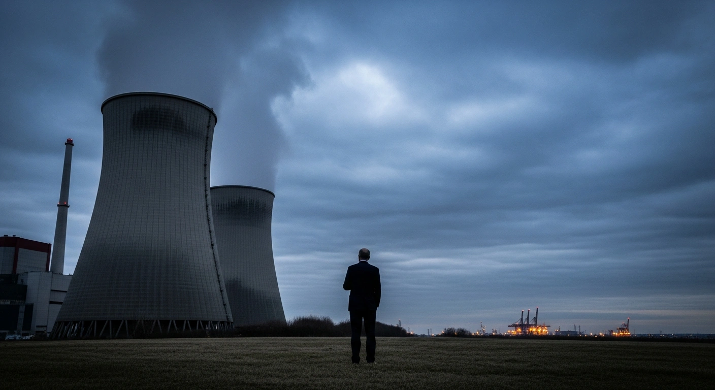 A wide, low-angle shot shows the silent cooling towers of a deactivated German nuclear power plant under a dramatic twilight sky, with a lone, silhouetted figure representing Chancellor Merz contemplating the distant lights of an industrial port, symbolizing the country's energy dependency following the nuclear phase-out.