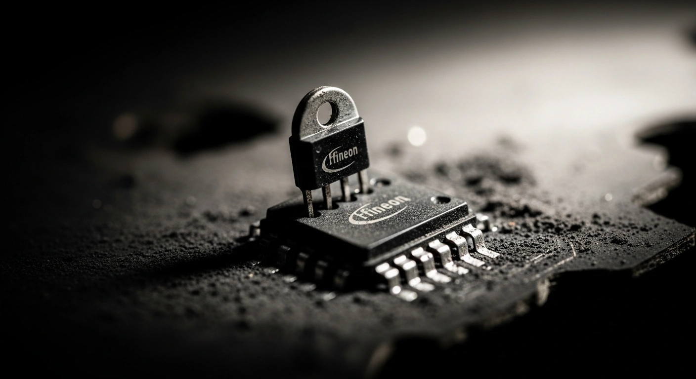 A stark, macro close-up of a damaged electronic component, possibly a German-manufactured transistor from a company like Infineon Technologies, embedded in a scorched circuit board, symbolizing the parts found in Russian Shahed drones used in Ukraine.