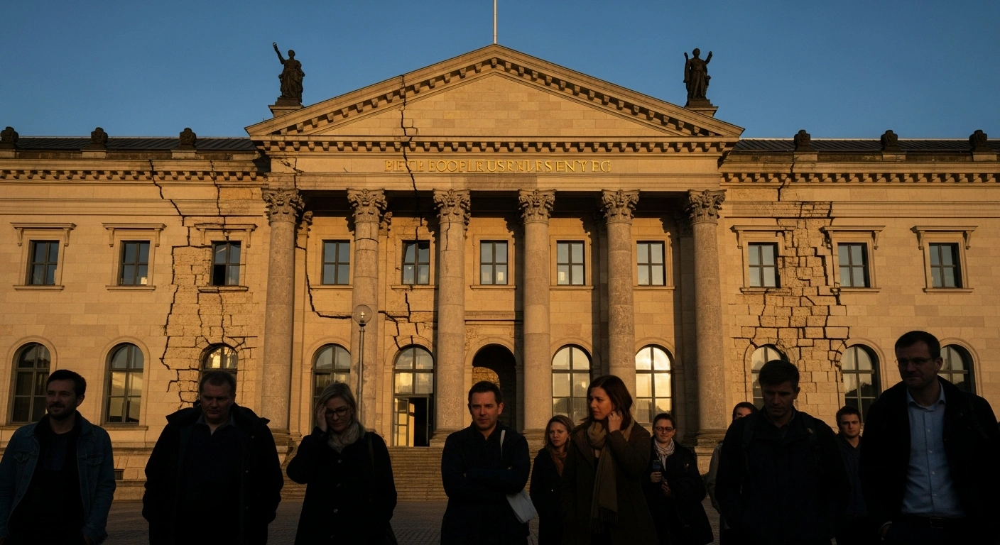 A diverse group of German citizens stands in the foreground, looking towards a grand, decaying neoclassical building, symbolizing the country's statutory pension system in need of fundamental overhaul, reflecting widespread public skepticism regarding the government's ability to implement significant changes.