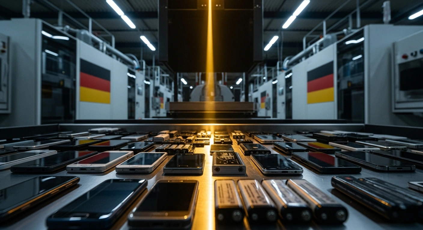 Inside a modern German recycling facility, a focused beam of light illuminates sorted electronic waste, including mobile phones and various batteries, symbolizing the expansion of the Pfand mandatory deposit system to boost recycling rates and recover critical raw materials for a circular economy.