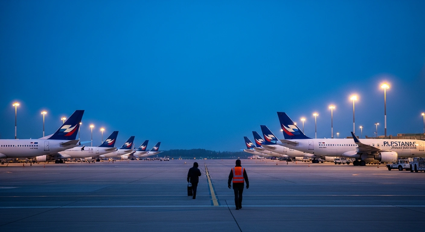 A row of grounded Lufthansa airplanes sits on a dark airport tarmac during a pilot strike that caused widespread flight cancellations in Germany.