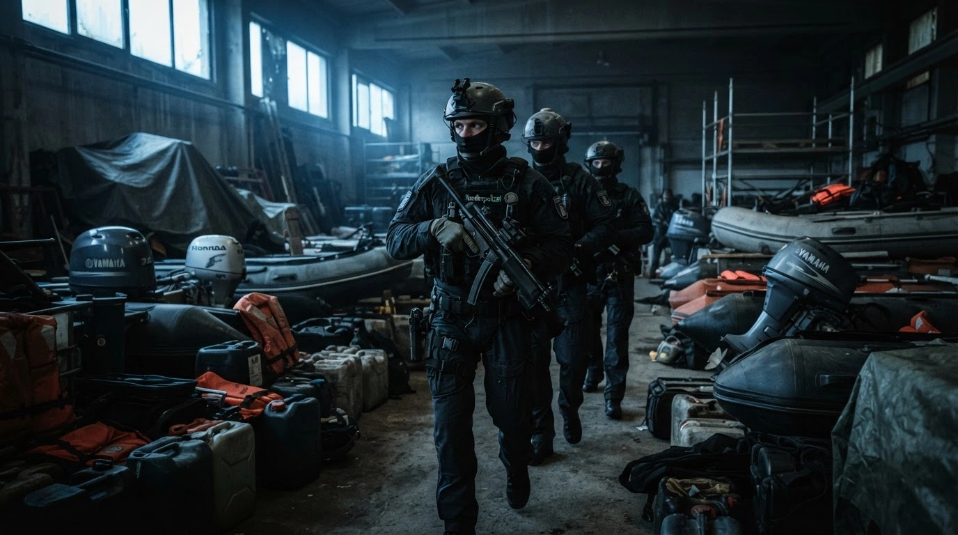 German federal police officers conduct a raid on a warehouse containing inflatable boats used by human traffickers.