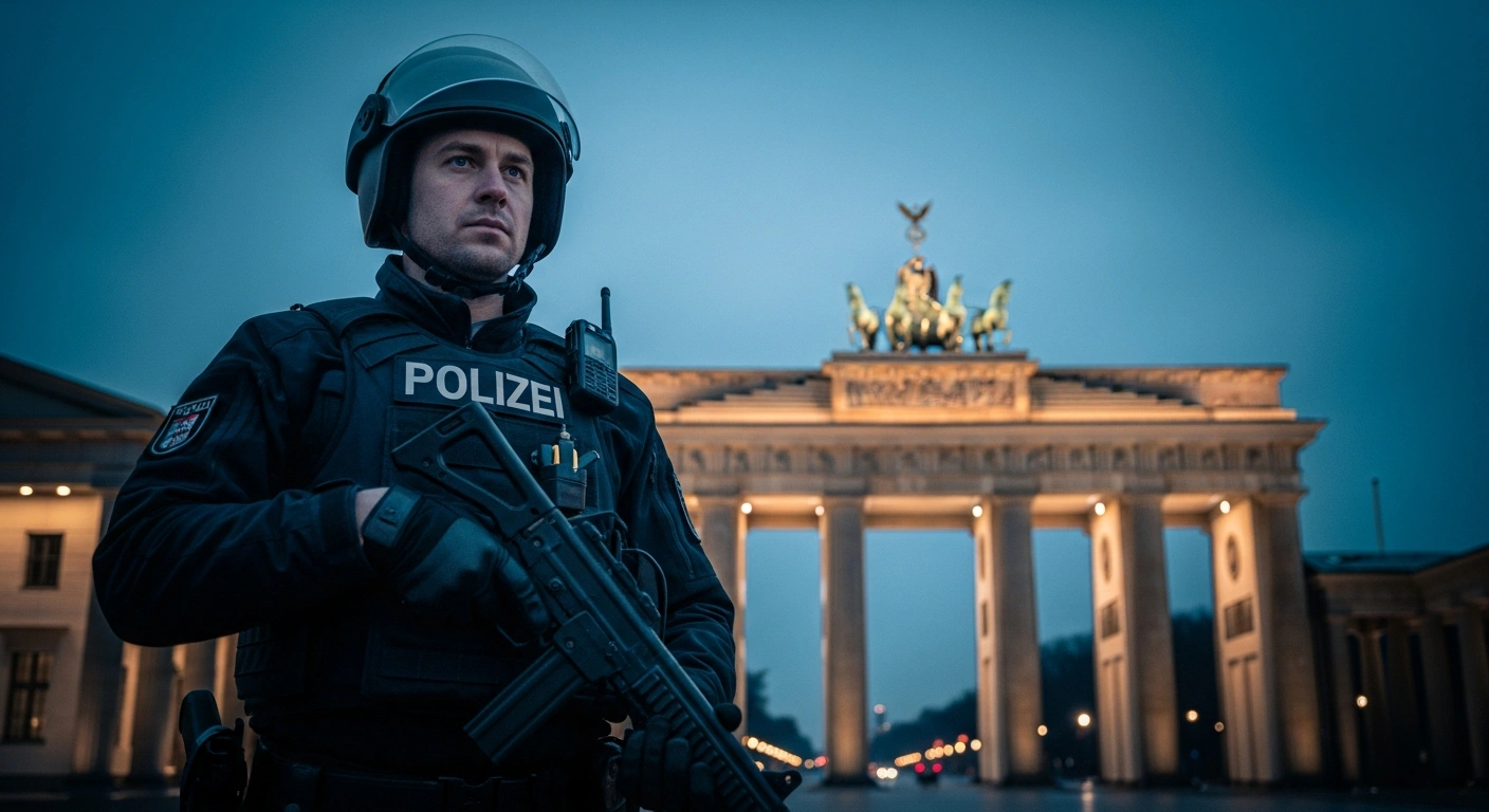 A German police officer stands in front of the Brandenburg Gate as the German Police Union calls for stricter asylum and deportation policy reforms.