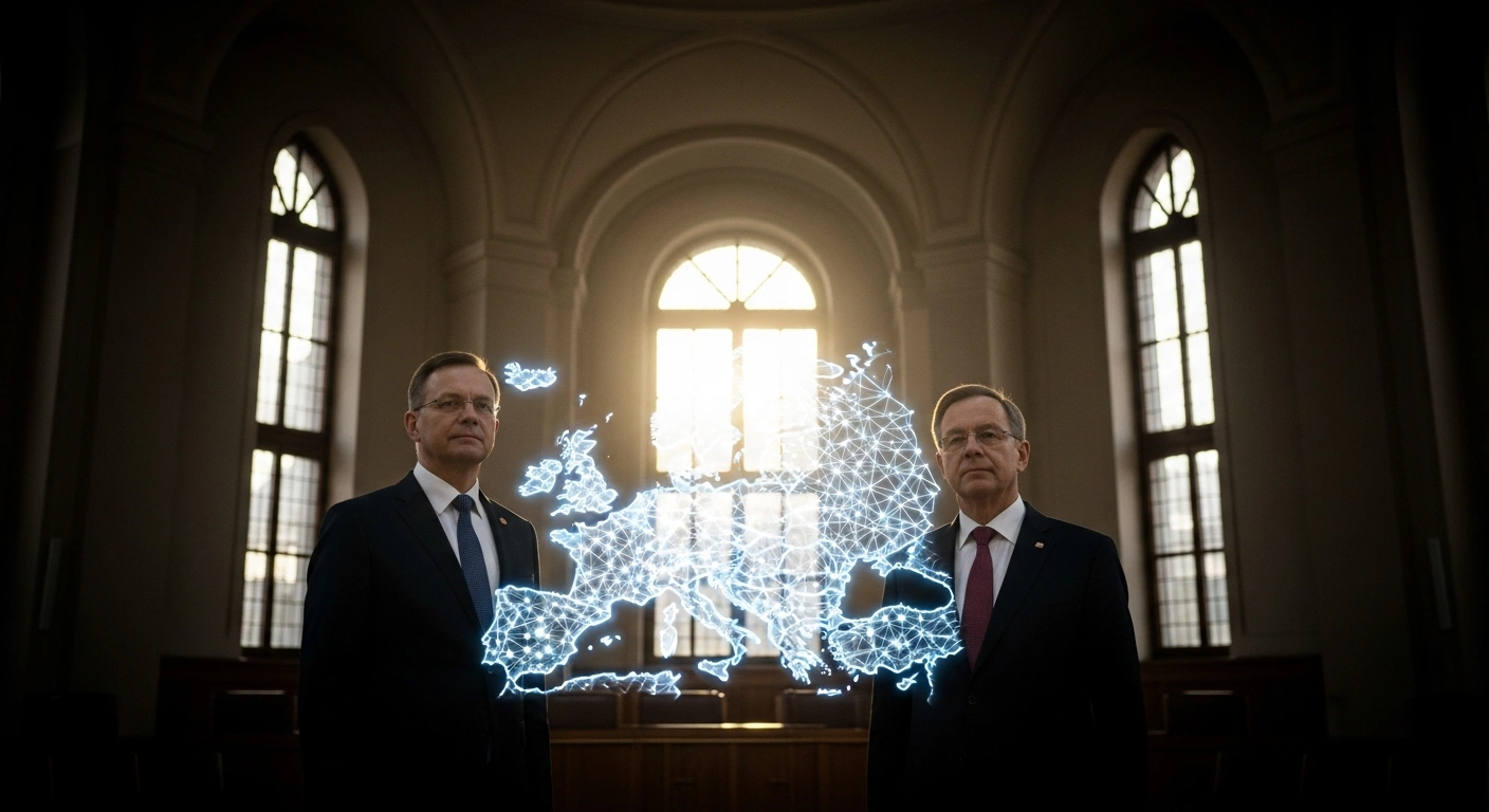 German Vice Chancellor and Finance Minister Lars Klingbeil and Polish Finance Minister Andrzej Domański are depicted standing in a grand hall in Warsaw, illuminated by golden light, intently observing a holographic projection of a glowing map of Europe, symbolizing their concerted effort to revitalize the continent's economy and boost competitiveness.