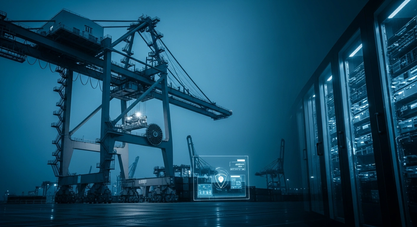 A modern container terminal at a German North Sea port features automated cranes and digital security infrastructure to prevent drug smuggling.