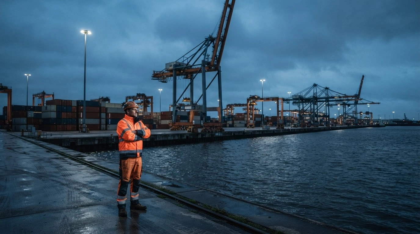A lone dock worker stands in a large German shipping port at dusk as negotiations between union members and employers remain deadlocked.