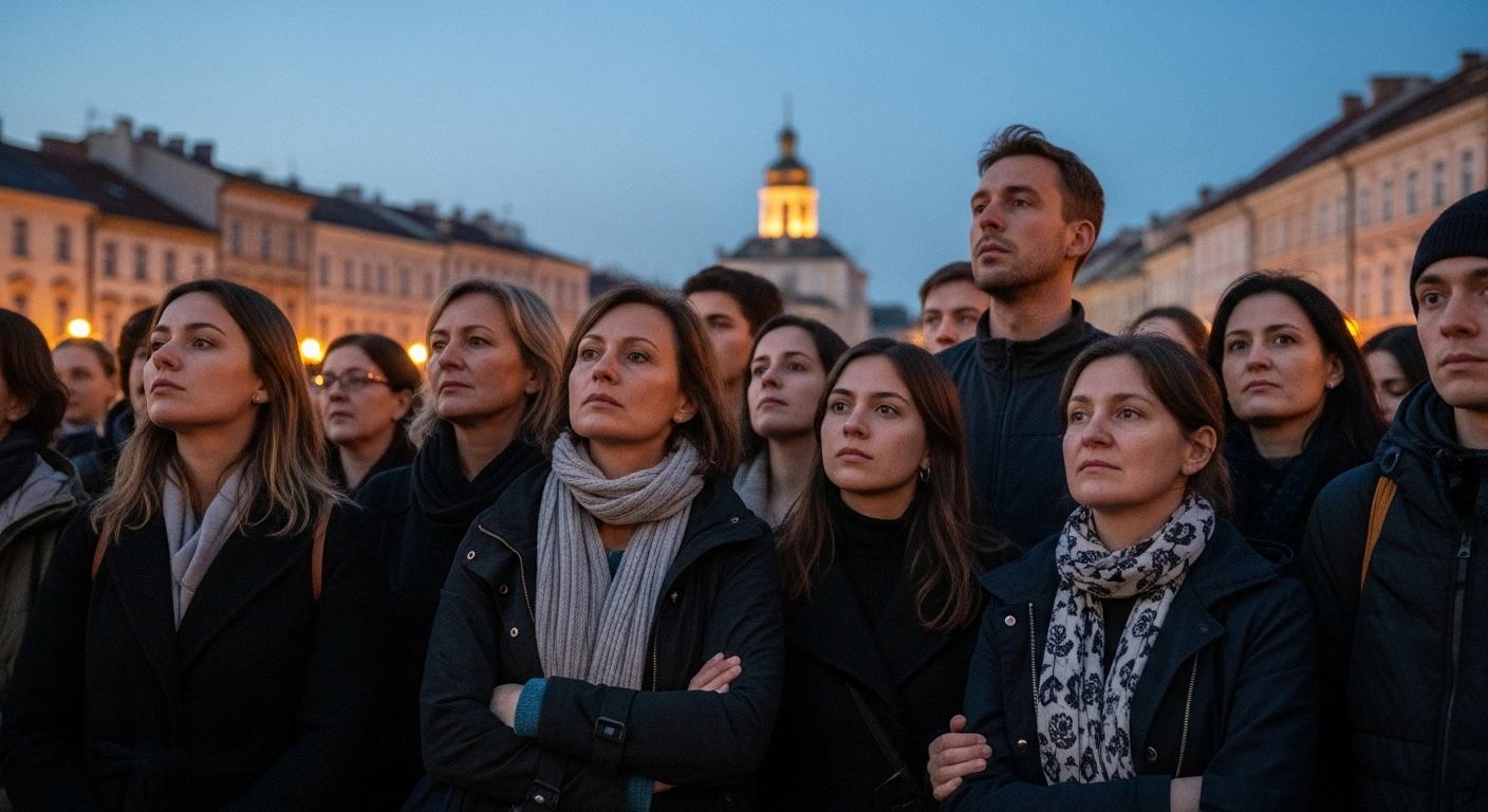 A diverse group of citizens stands united in a softly lit historic European town square at dusk, their expressions conveying quiet determination and solidarity, symbolizing the courage and cohesion called for by German President Frank-Walter Steinmeier in his Christmas address.