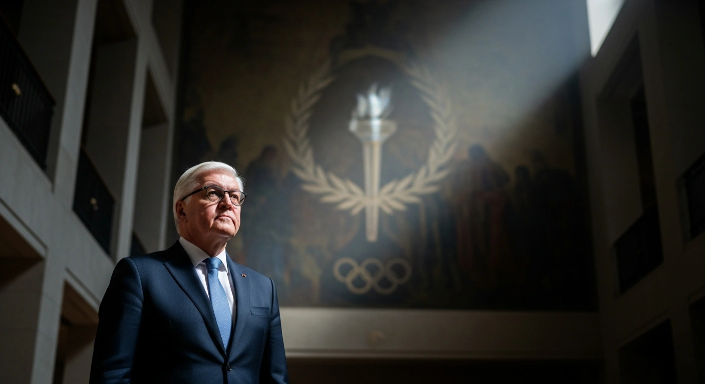 German President Frank-Walter Steinmeier is depicted in a somber, formal setting, contemplating a subtle historical Olympic symbol, reflecting his opposition to Germany hosting the 2036 Olympic Games due to the problematic legacy of the 1936 Berlin Olympics under the Nazi regime.