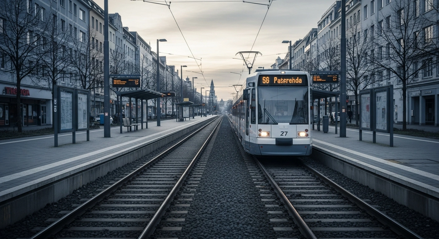 An empty tram sits idle at a deserted station in Germany during a public transport strike.