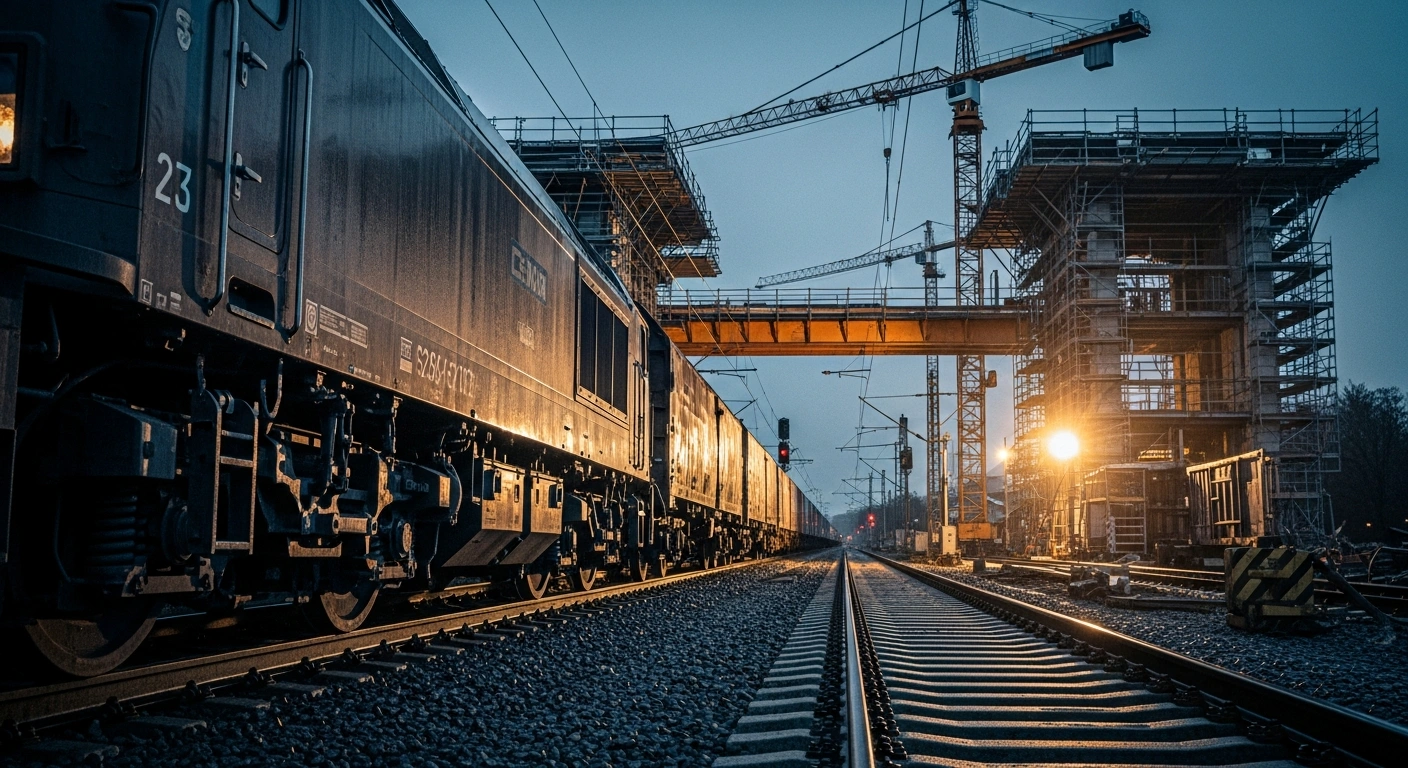 A freight train sits idle on a track in Germany amidst extensive rail infrastructure construction and network disruptions.