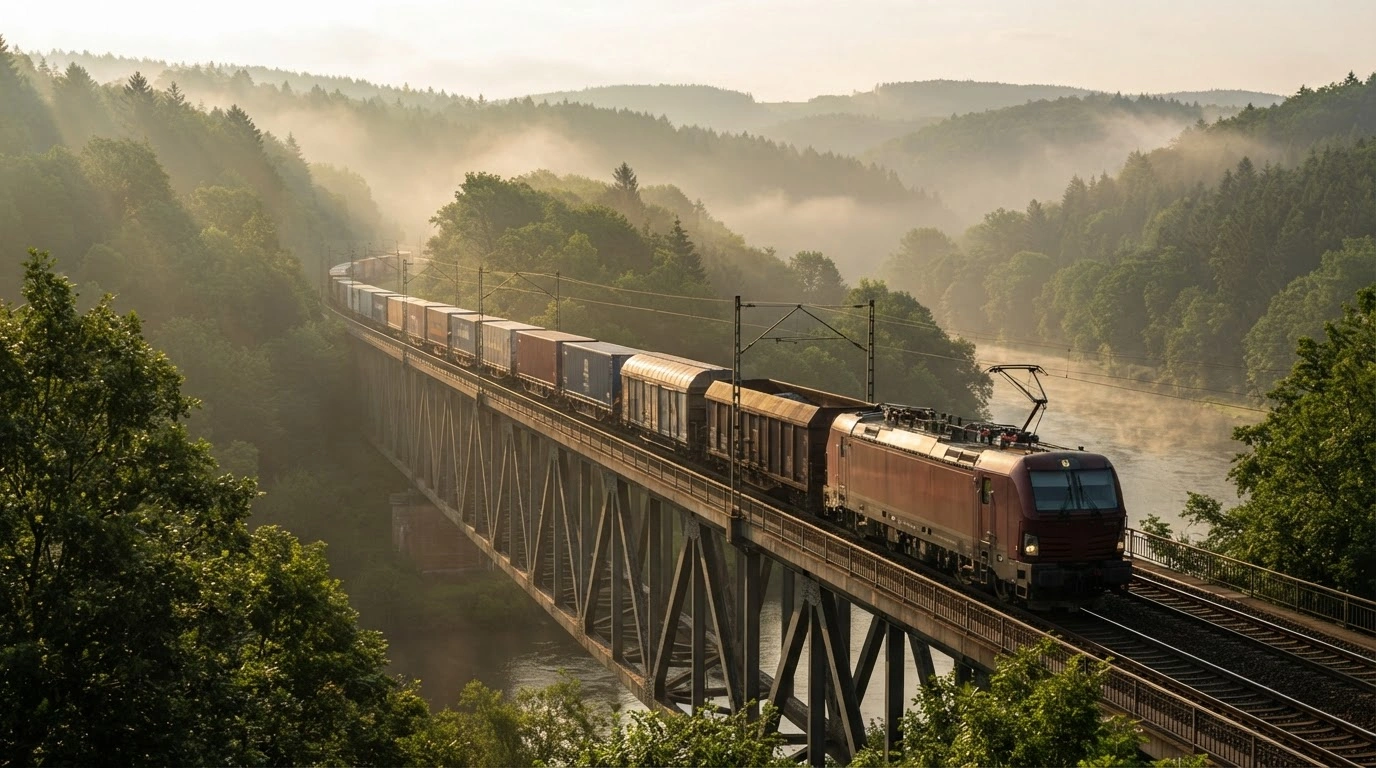 A modern freight train travels through a scenic German landscape as part of a government initiative to increase rail cargo capacity.