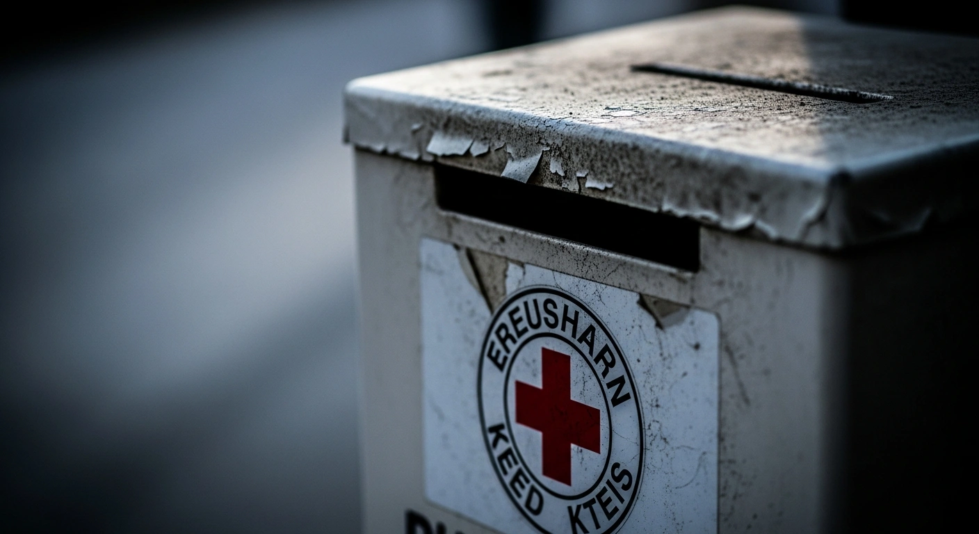 A weathered, empty German Red Cross donation box, dimly lit, symbolizes the substantial decline in charitable donations for 2025, attributed to inflation and widespread donor fatigue in Germany.