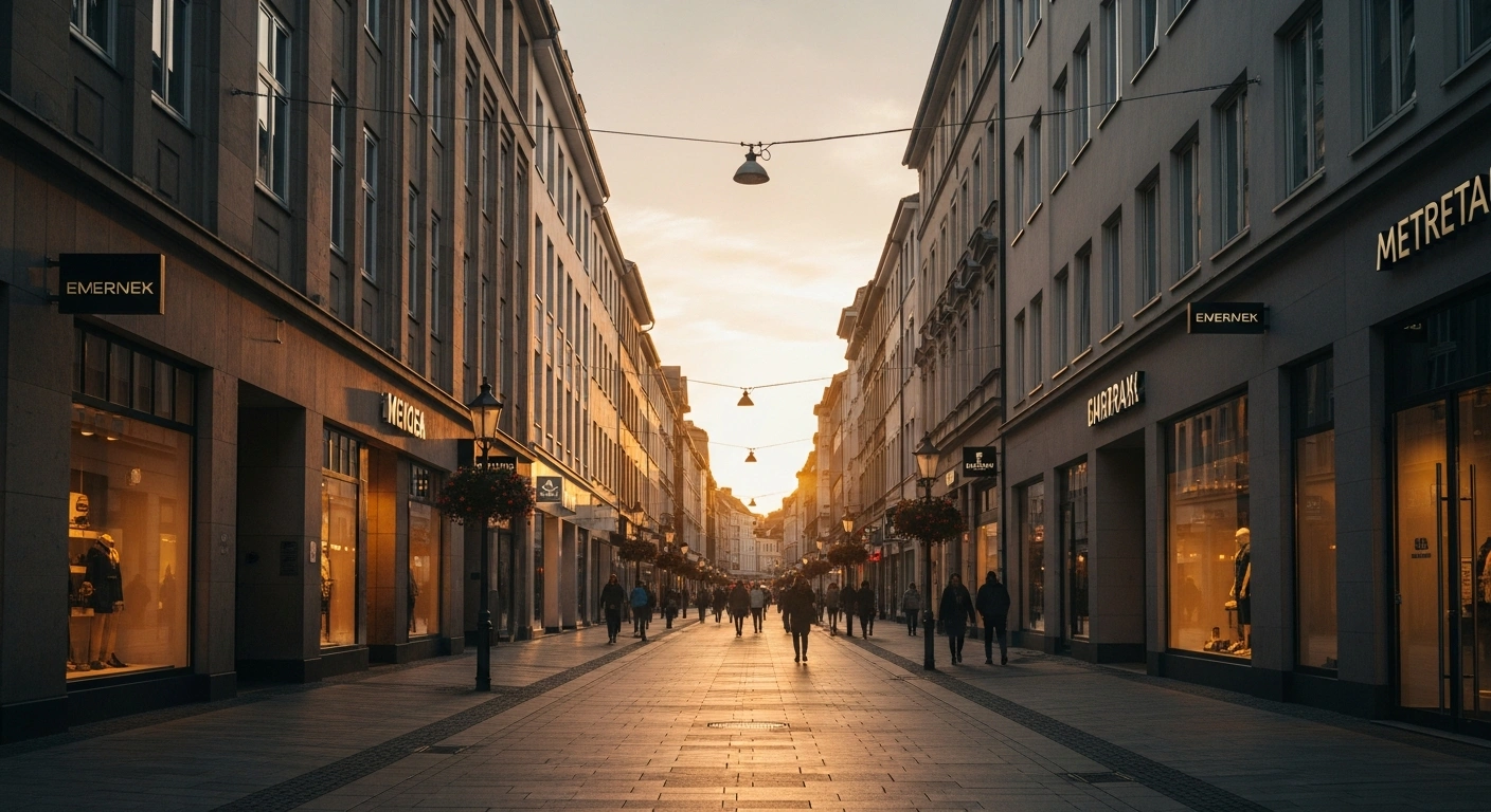 A wide-angle, low-light shot of a bustling, high-end shopping street in a German city center, with warm light emanating from storefronts, symbolizing the recovery and increased demand for prime brick-and-mortar retail locations.