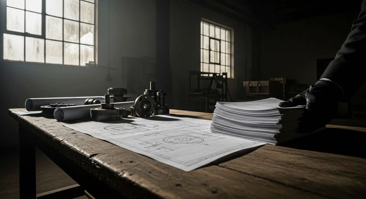 A dimly lit industrial warehouse scene shows a gloved hand placing documents on a table covered with technical blueprints and mechanical components, symbolizing the illicit export of industrial goods to Russian arms manufacturers via shell companies, leading to arrests by German federal prosecutors for violating EU sanctions.