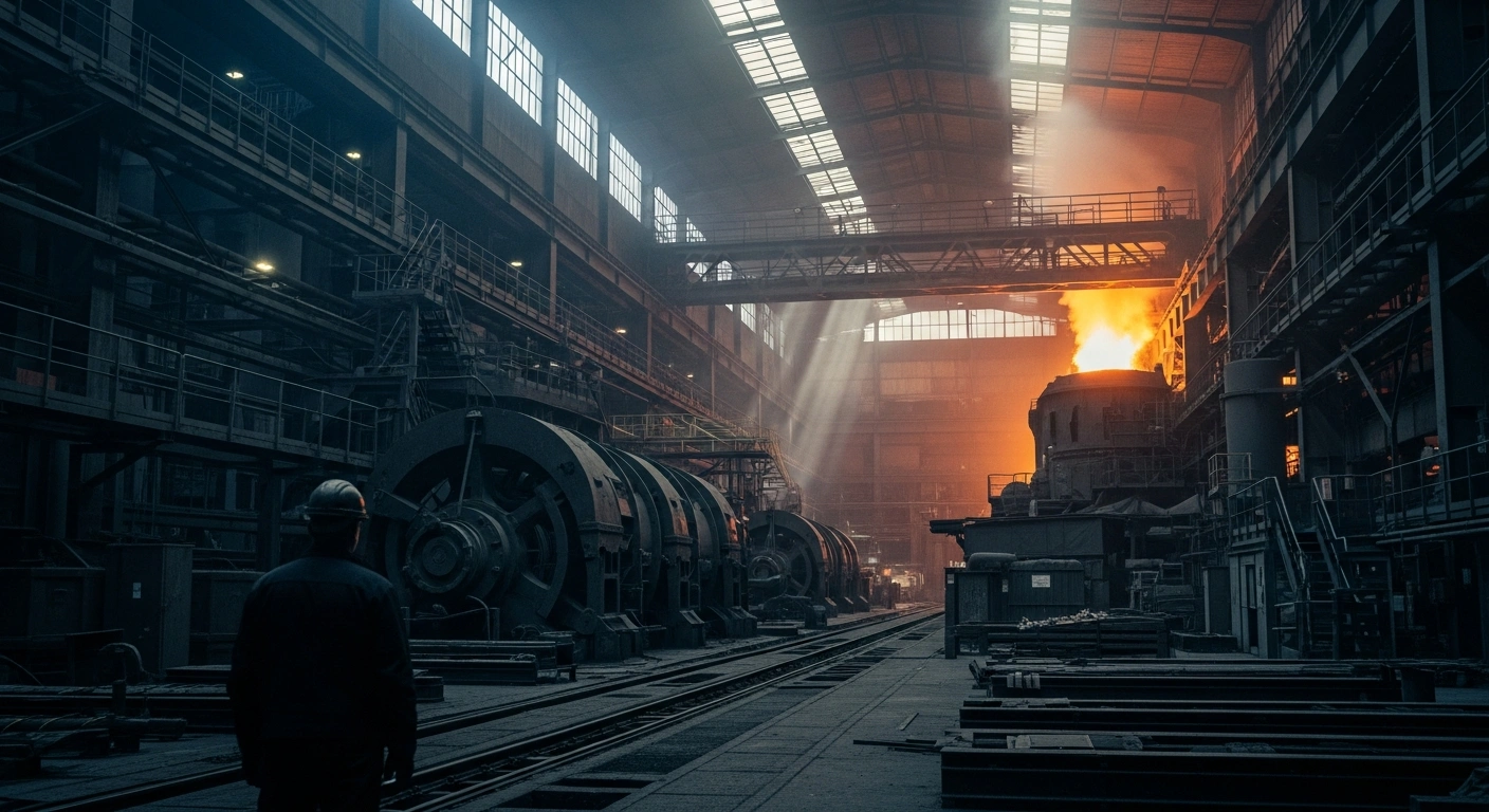 A wide, cinematic shot inside a vast German steel mill at dusk features a lone, silhouetted steelworker observing dormant machinery and the distant glow of a furnace, symbolizing Germany's struggling steel sector amidst discussions of EU protectionist measures like tariffs to combat cheap international competition and high energy costs.