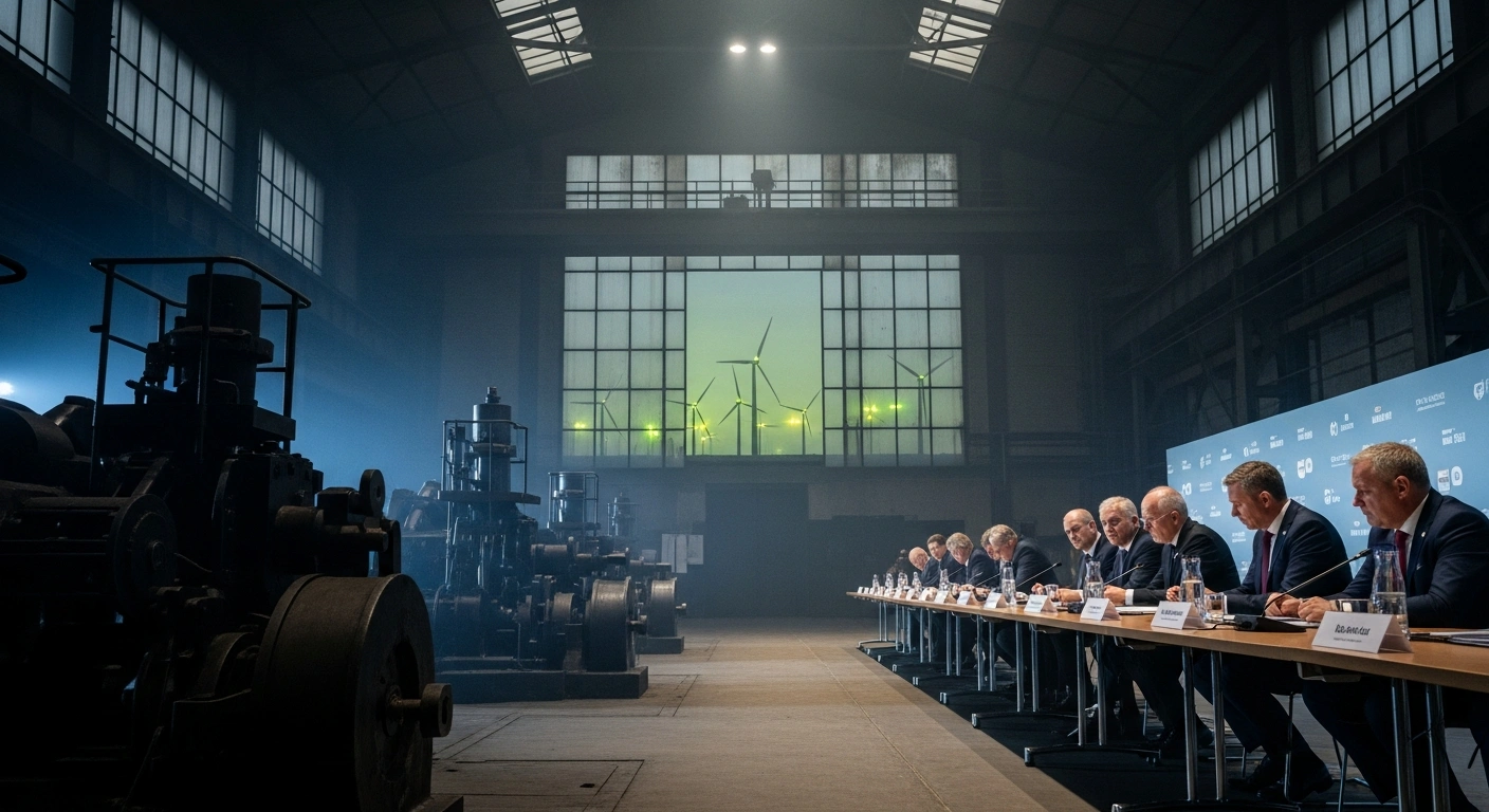 Industry leaders and state representatives, including Chancellor Friedrich Merz, gather around a polished conference table in a dimly lit industrial hall, with traditional steel machinery in the foreground and distant wind turbines symbolizing green energy, as they tackle severe challenges facing Germany's steel sector.