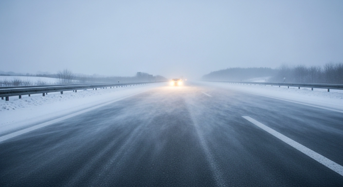 A desolate German autobahn is buried under heavy snowfall with swirling winds, illuminated by the headlights of an abandoned car, illustrating the severe weather warnings, travel disruptions, and school closures across Germany due to Storm ELLI.