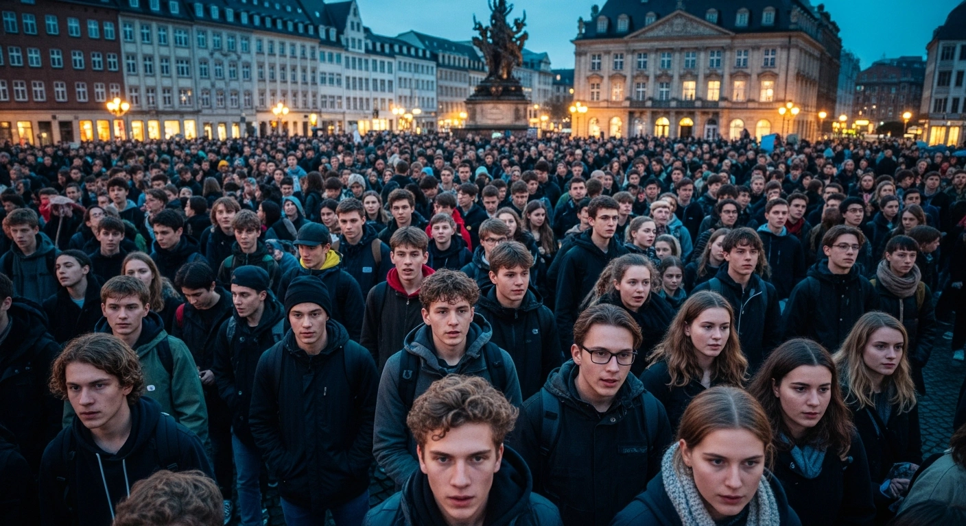 Thousands of students gather in a German city square to protest against government military recruitment and potential conscription.