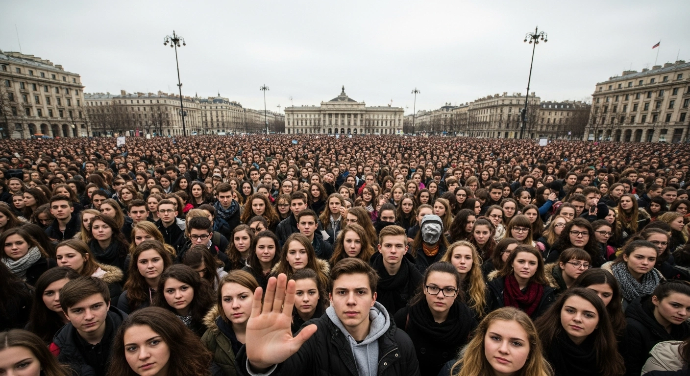A large crowd of German school students protests against the government's proposed compulsory military service law in an urban square, their faces showing determination and unity.