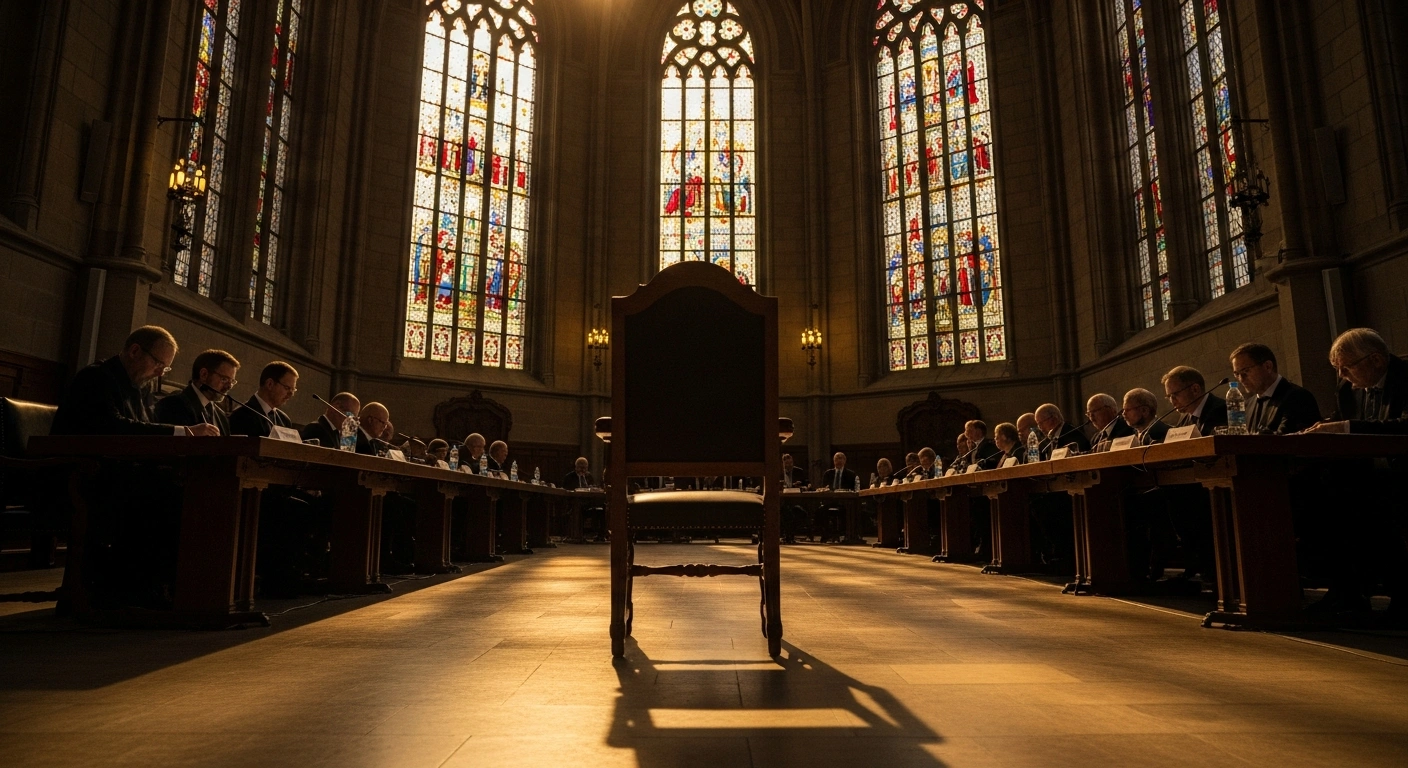 A low-angle view of a dimly lit, historic assembly hall in Stuttgart shows a determined group of figures seated at a long table, symbolizing the German Synodal Way's final assembly to elect members for its proposed permanent synodal body, with an empty, ornate chair in the foreground representing ongoing tensions and objections from the Vatican and some German bishops.