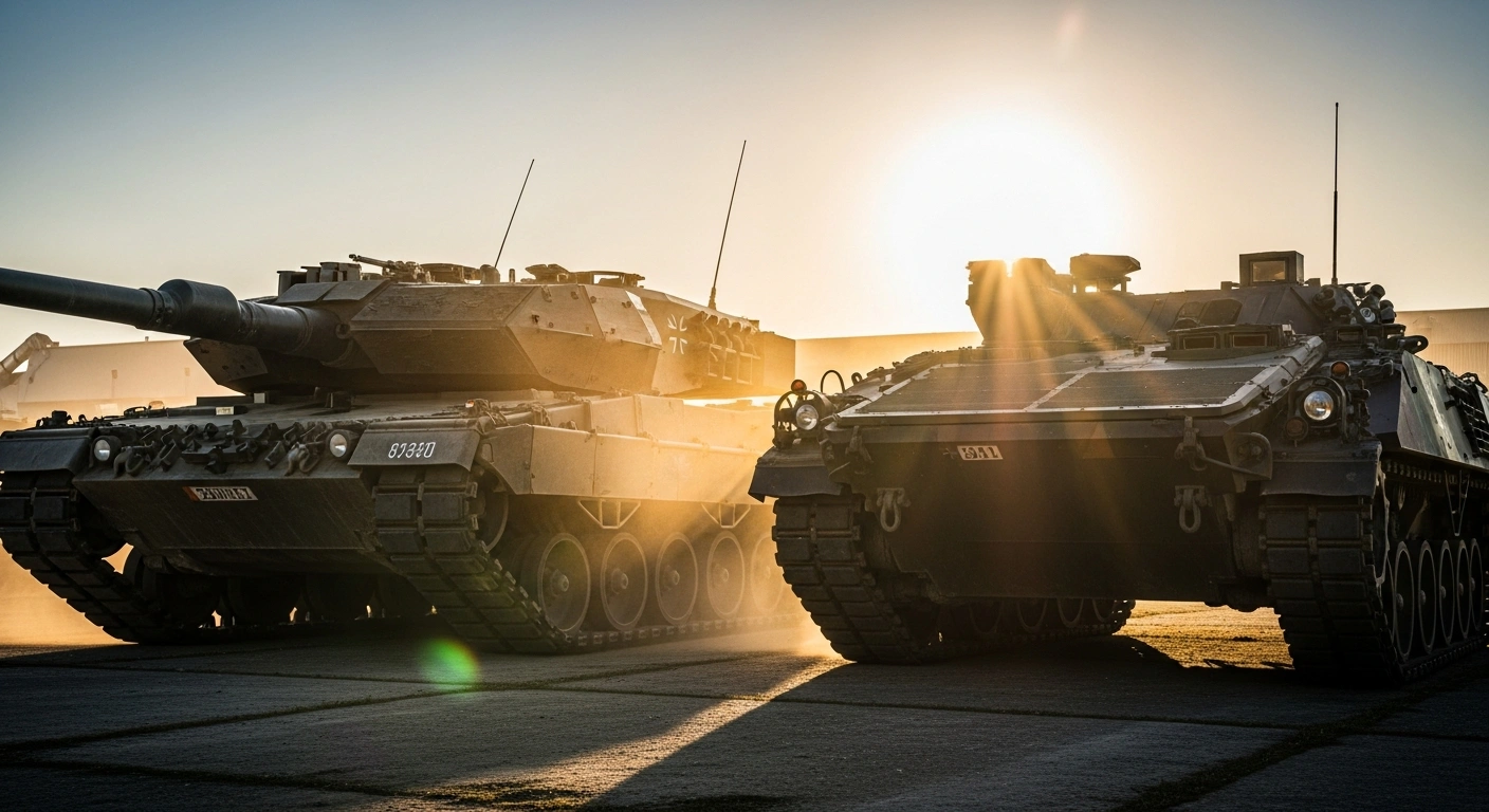 A powerful low-angle shot of a German Leopard 2A6 main battle tank and a Marder 1A5 infantry fighting vehicle, illuminated by golden hour light, representing Germany's offer to sell military equipment to Brazil for its modernization program.