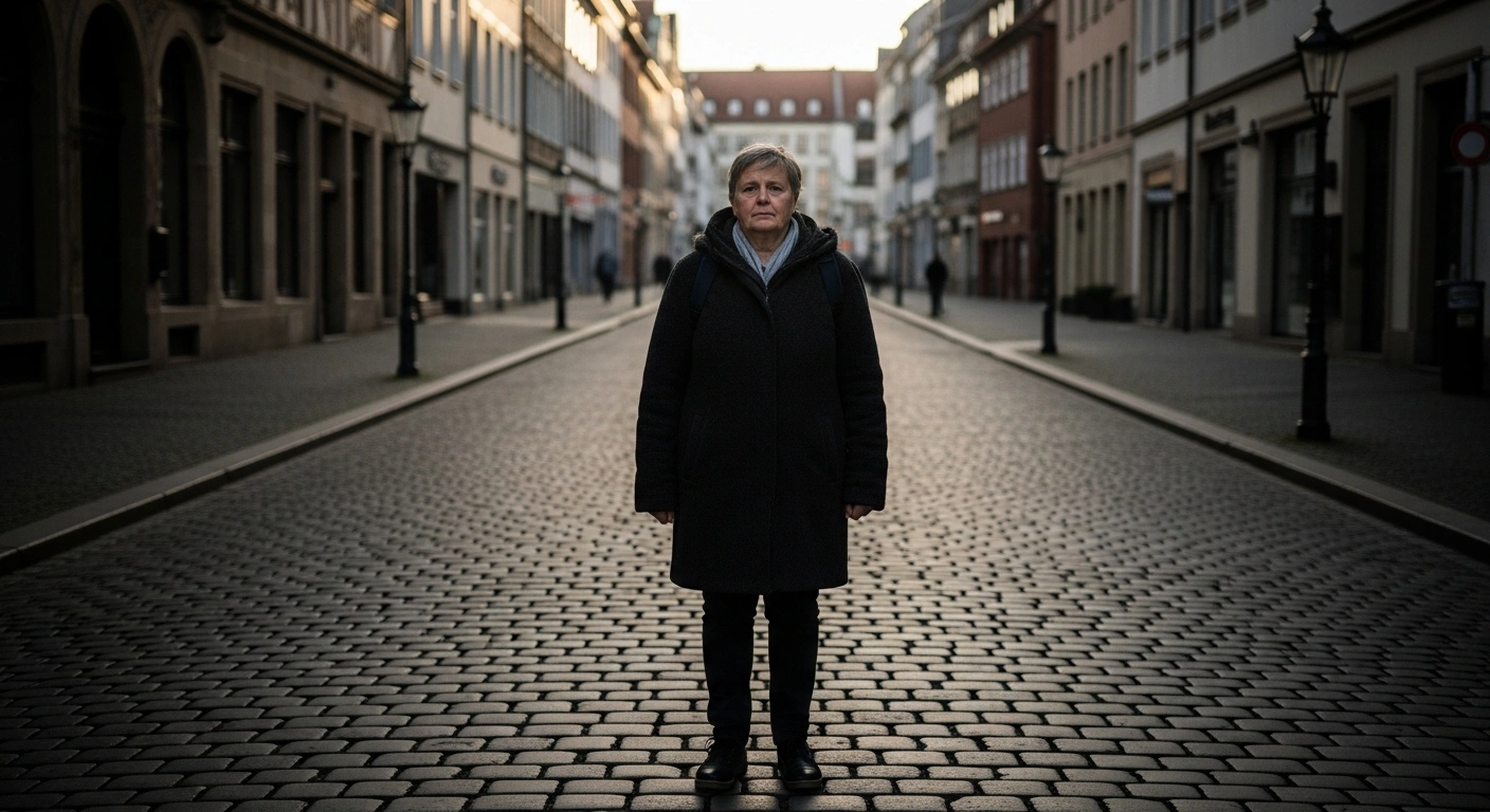 A middle-aged German citizen stands on a cobblestone street in a historic German city, their shoulders stooped under an invisible burden, symbolizing the higher overall tax and contribution burden many German taxpayers will face in 2025 due to rising social security contributions, health and long-term care insurance, and an increased CO2 tax.