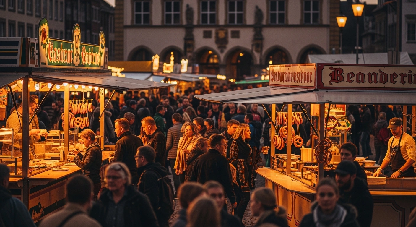 A vibrant German market square at dusk, illuminated by golden hour light, showcasing traditional food stalls and historic architecture, with diverse people enjoying the culinary and cultural atmosphere, illustrating Germany's appeal for Chinese tourists via the GNTB's 2025 Road Shows.