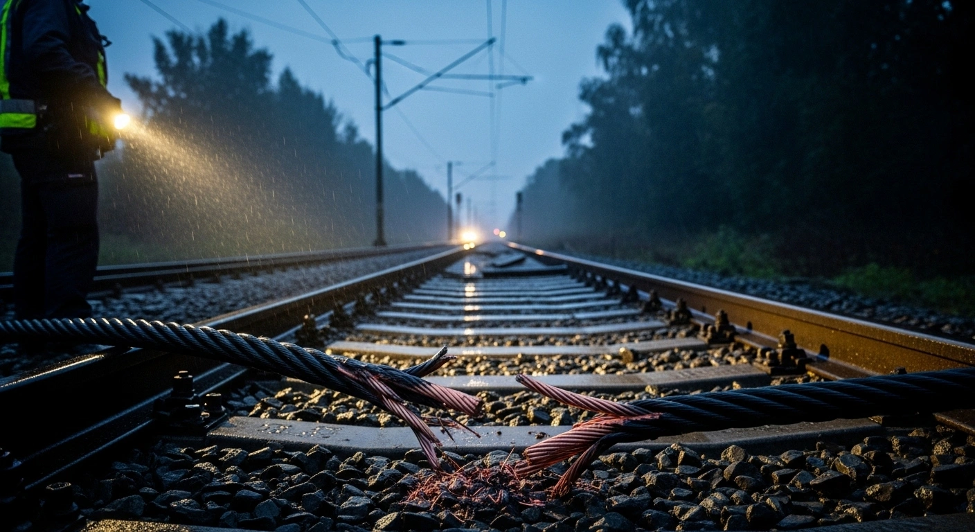 A close-up view of deliberately severed train cables lying on a wet railway bed at twilight, illuminated by a police flashlight, depicting the act of sabotage that caused widespread disruption to German rail services between Cologne and Düsseldorf.