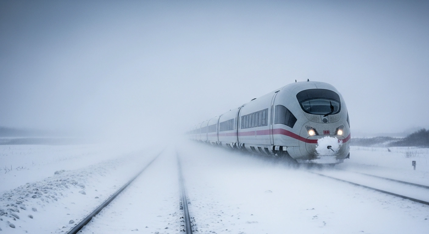 A long-distance Deutsche Bahn train is seen stationary amidst heavy snow and strong winds in northern Germany, illustrating the severe winter storm causing widespread restrictions and delays on routes connecting cities like Hamburg, Berlin, Hanover, and Cologne.
