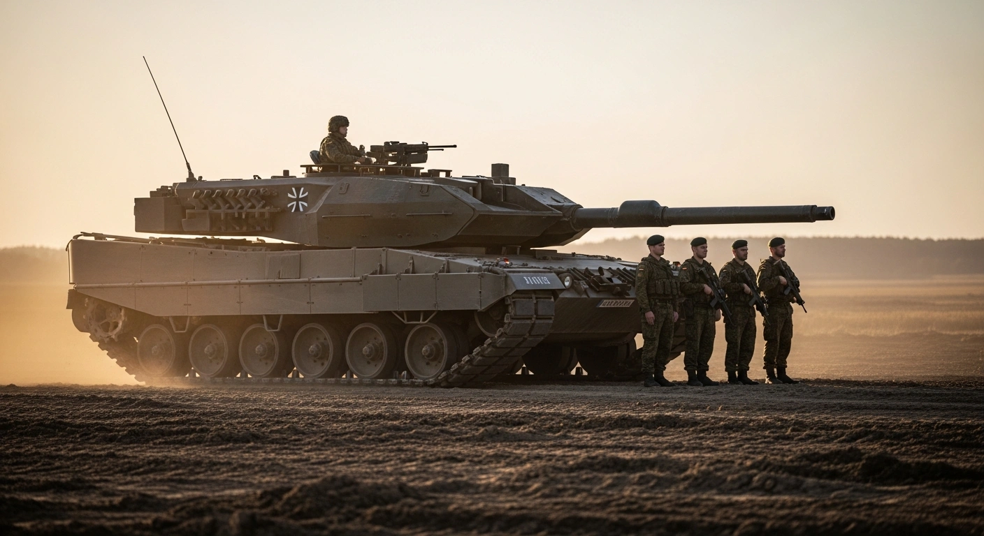 A modern German Leopard 2 tank and disciplined soldiers are prominently positioned in a vast, sun-drenched Lithuanian landscape, representing Germany's historic permanent stationing of its 45th Panzer Brigade to bolster NATO's eastern flank.